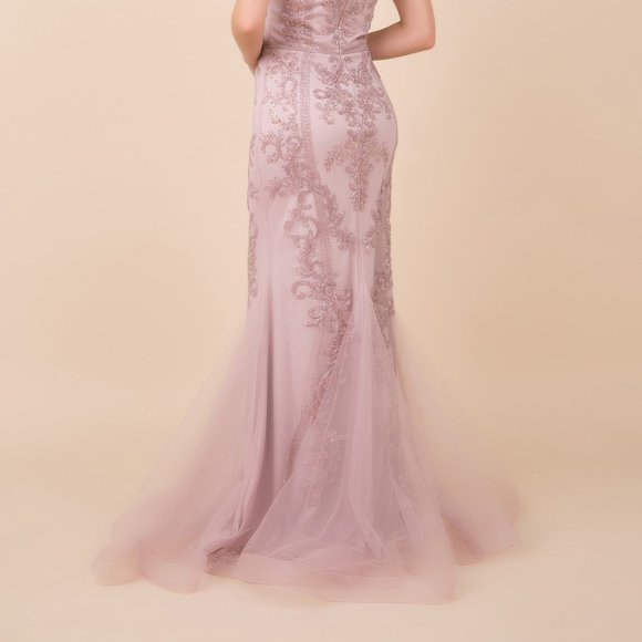 NEW OFF SHOULDER SLEEVELESS MERMAID EMBROIDERED DRESS WITH ZIPPER BACK NX H294 - Picture 8 of 8